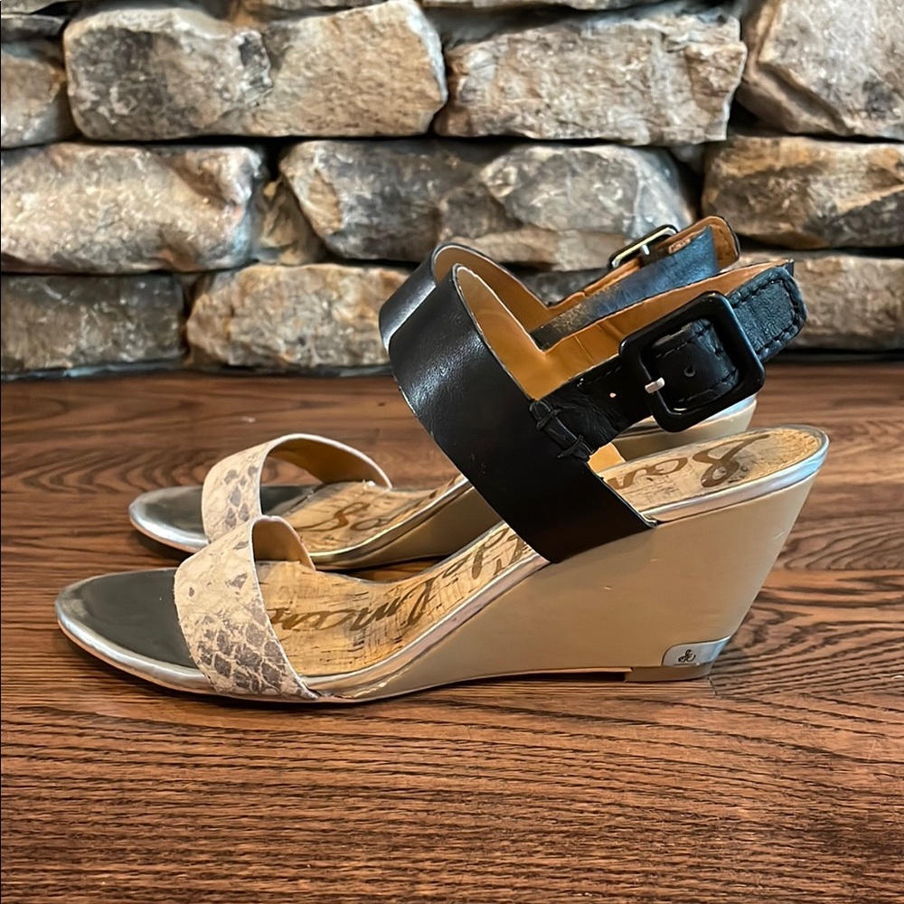 Sam Edelman Sutton Black and Tan Wedge Sandals